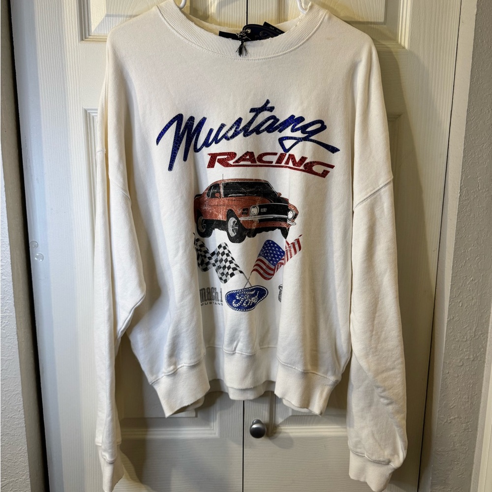 Ford White Mustang Racing Crewneck Sweater